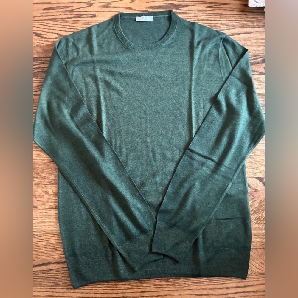 Boglioli Milano Men's Green 100% Virgin Wool Crewneck Thin Sweater